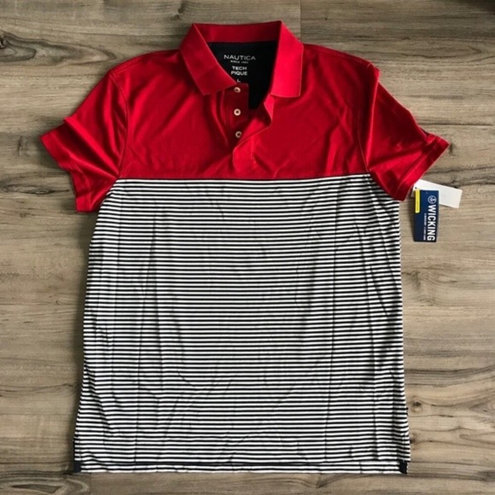 Nautica Men’s Stripe Colorblock Slim Fit Polo Shirt Red / White / Blue Size L
